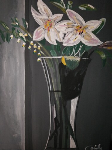 Malerei mit dem Titel "Vase de fleurs gris" von Elghaly, Original-Kunstwerk, Acryl