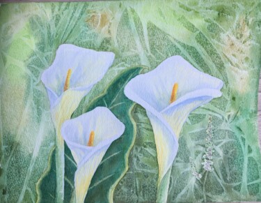 Painting titled "Arun Lilies" by Afke Van Mansum, Original Artwork, Watercolor Mounted on Other rigid panel