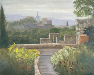 Painting titled "View on Avignon" by Afke Van Mansum, Original Artwork, Oil Mounted on Wood Panel