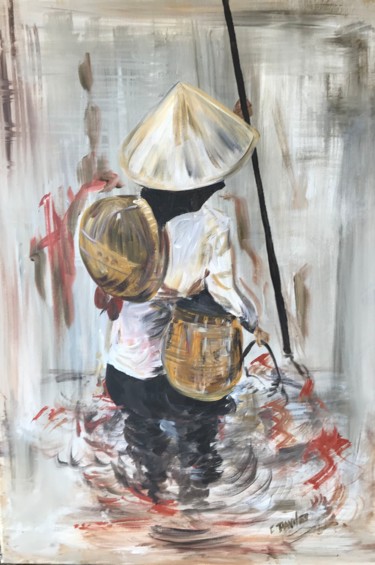 Peinture intitulée "pêcheur vietnamien" par Christine Daviles, Œuvre d'art originale, Acrylique