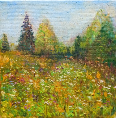 Painting titled "Evening meadow" by Agatha Ya Sokolova, Original Artwork, Oil Mounted on Wood Stretcher frame