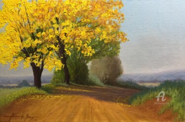 Painting titled "The Ipê Road" by Alexandre George, Original Artwork, Oil Mounted on Cardboard
