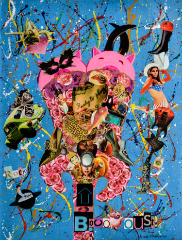 Collages titled "Rock star pigs" by Aggela Mavroidi, Original Artwork, Collages Mounted on Wood Panel