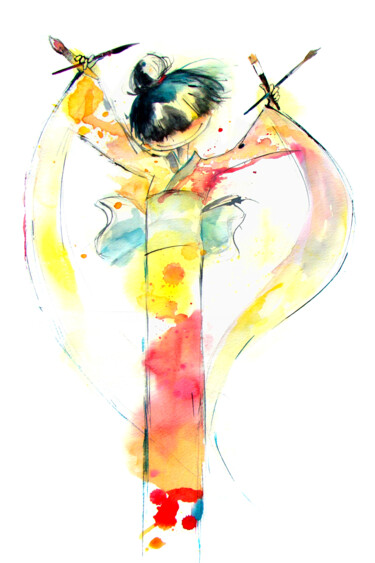 Painting titled "Japonaise Artiste" by Agnès Grégis (Au pinceau dansant), Original Artwork, Watercolor