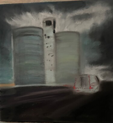 제목이 "Les silos le long d…"인 그림 Agnès M로, 원작, 파스텔 나무 들것 프레임에 장착됨