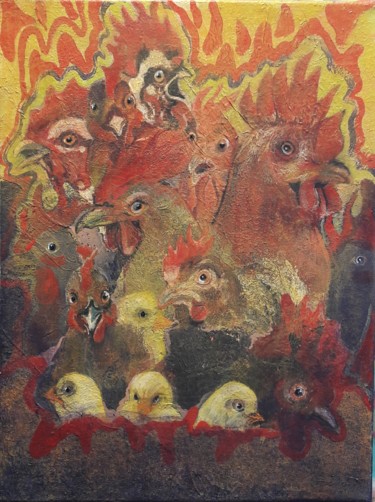 Peinture intitulée "Poules au pot :-))" par Agnes Rolin, Œuvre d'art originale, Acrylique