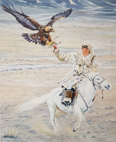 Painting titled "cavalier mongole n°…" by Agnès Borg-Burglen, Original Artwork, Oil Mounted on Wood Stretcher frame