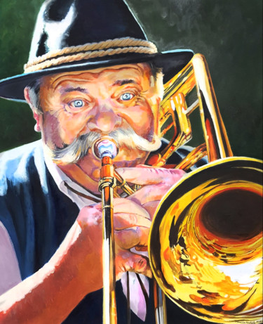 Peinture intitulée "Le trombone" par Agnès Borg-Burglen, Œuvre d'art originale, Huile Monté sur Châssis en bois
