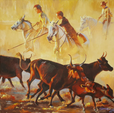 Painting titled "gardians et taureau…" by Agnès Borg-Burglen, Original Artwork, Oil Mounted on Wood Stretcher frame