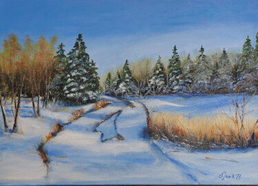Malarstwo zatytułowany „Droga przez śniegi” autorstwa Agnieszka Janik, Oryginalna praca, Olej Zamontowany na Drewniana rama…