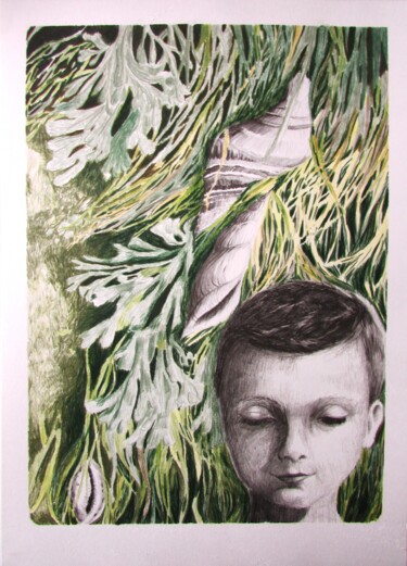 Рисунок под названием "garçon coquillages…" - Agnieszka Zuchowska, Подлинное произведение искусства, Цветные карандаши