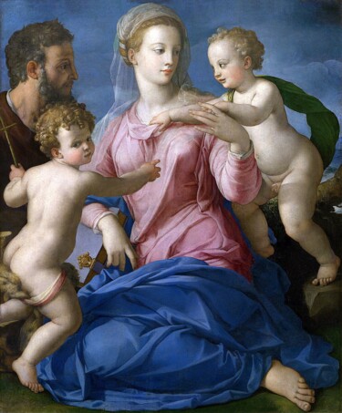 Schilderij getiteld "La Sainte Famille a…" door Agnolo Bronzino, Origineel Kunstwerk, Olie