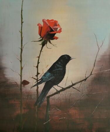 「L'oiseau à la rose」というタイトルの絵画 Ahmad Baderによって, オリジナルのアートワーク, アクリル 段ボールにマウント