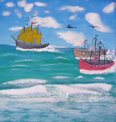 Pittura intitolato "la flotte" da Ahmed Fertat, Opera d'arte originale, Olio