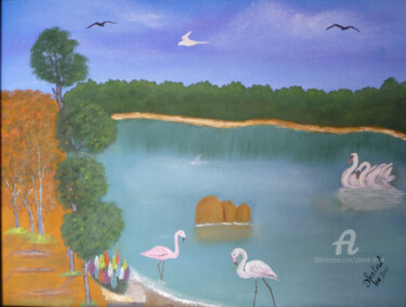 Painting titled "paysage aquatique" by Ahmed Fertat, Original Artwork, Oil Mounted on Wood Panel