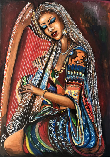 Malarstwo zatytułowany „Harp Player” autorstwa Ahmet Mimar, Oryginalna praca, Akryl Zamontowany na Drewniana rama noszy