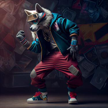 Цифровое искусство под названием "Hip Hop Wolf" - Jérôme Mettling, Подлинное произведение искусства, Изображение, сгенериров…