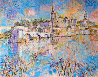 Painting titled "Pont d'Avignon" by Aimé Venel, Original Artwork, Oil Mounted on Wood Stretcher frame