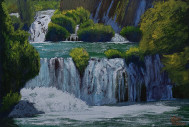 「Cascading Waterfall」というタイトルの絵画 Ajay Ravindranによって, オリジナルのアートワーク, グワッシュ水彩画