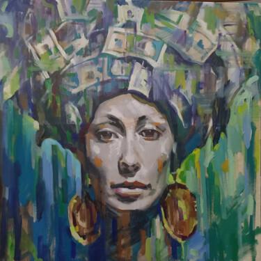 Schilderij getiteld "Money Goddess" door Aksinia, Origineel Kunstwerk, Olie Gemonteerd op Frame voor houten brancard
