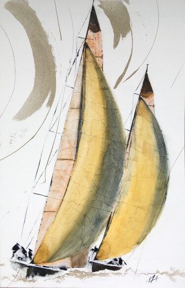 Картина под названием "Deux voiliers en ré…" - Alain Abramatic, Подлинное произведение искусства, Масло