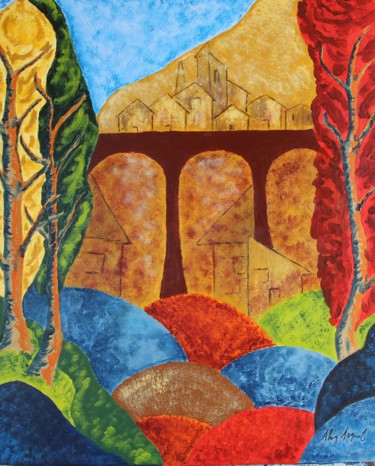 Painting titled "LE VIADUC" by Alain Arnouil, Original Artwork, Acrylic Mounted on Wood Stretcher frame