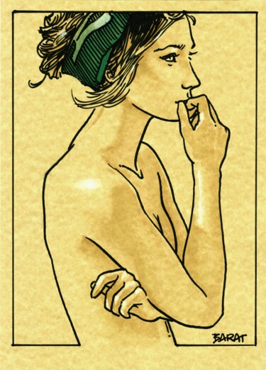 Drawing titled "Femme pensive   #ar…" by Alain Barat, Original Artwork, Ink