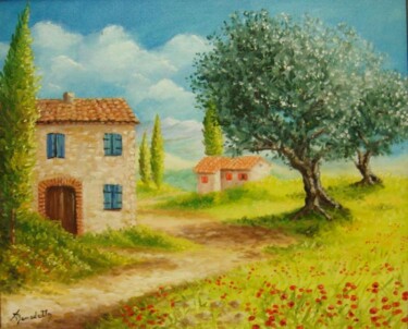 Painting titled "paysage provence" by Alain Benedetto, Original Artwork, Oil Mounted on Wood Stretcher frame