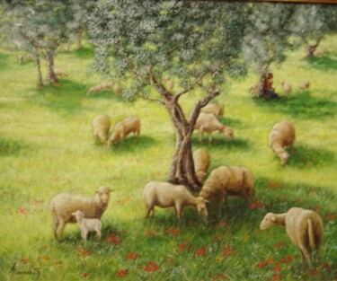 Картина под названием "moutons" - Alain Benedetto, Подлинное произведение искусства, Масло Установлен на Деревянная рама для…