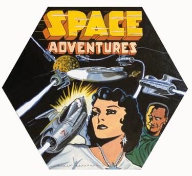 Ζωγραφική με τίτλο "Space adventures" από Alain Bertrand, Αυθεντικά έργα τέχνης, Λάδι Τοποθετήθηκε στο Ξύλινο φορείο σκελετό