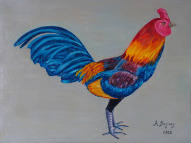 Painting titled "Le coq" by Alain Beziers, Original Artwork, Oil