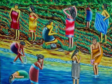 Painting titled "Les baigneuses (Lao…" by Alain Beziers, Original Artwork, Oil Mounted on Wood Stretcher frame