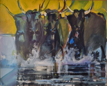 Painting titled "Taureaux Camarguais…" by Alain Delmas, Original Artwork, Oil Mounted on Wood Stretcher frame