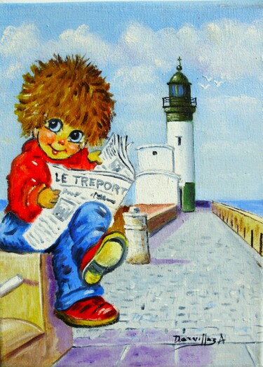 Ζωγραφική με τίτλο "LE TREPORT "POULBOT…" από Alain Dervillez, Αυθεντικά έργα τέχνης, Λάδι Τοποθετήθηκε στο Ξύλινο φορείο σκ…