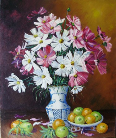 Peinture intitulée "FRUITS ET MARGUERIT…" par Alain Dervillez, Œuvre d'art originale, Huile Monté sur Châssis en bois