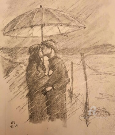 Drawing titled "AMOUREUX SOUS LA PL…" by Alain Devienne, Original Artwork, Pencil