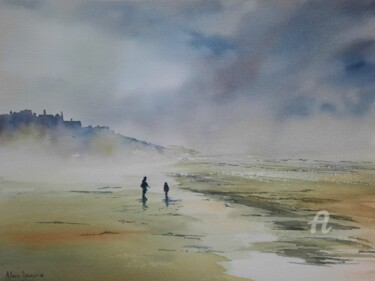 Malerei mit dem Titel "PLAGE DANS LA BRUME" von Alain Devienne, Original-Kunstwerk, Aquarell