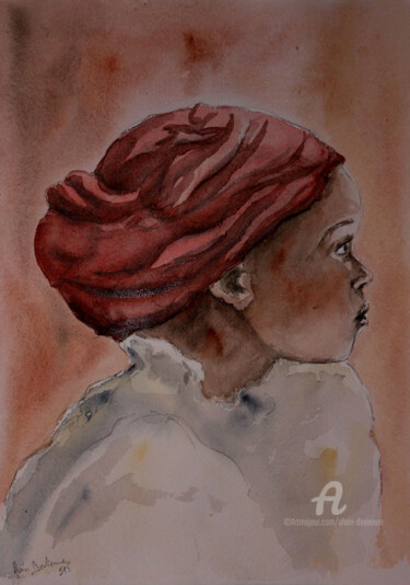 Pittura intitolato "JEUNE AFRICAINE 2" da Alain Devienne, Opera d'arte originale, Acquarello