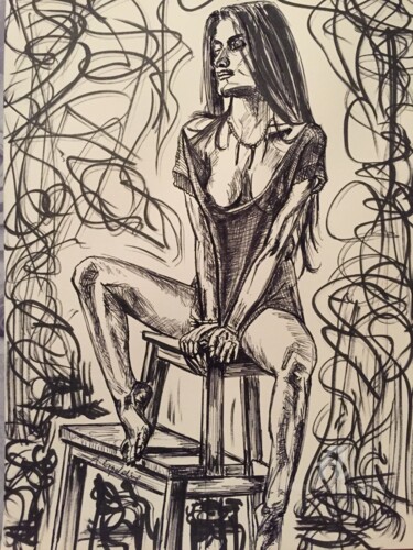 Zeichnungen mit dem Titel "Half-nude girl posi…" von Alain Erpelding, Original-Kunstwerk, Tinte
