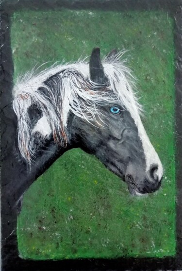 Pittura intitolato "Le cheval aux yeux…" da Alain Favé, Opera d'arte originale, Acrilico Montato su Pietra