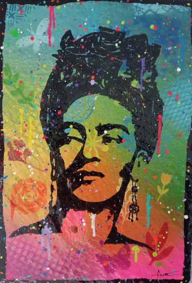 Pittura intitolato ""Frida Kahlo pop ar…" da Alain Favé, Opera d'arte originale, Acrilico Montato su Pietra