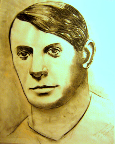 Zeichnungen mit dem Titel "Portrait de Pablo R…" von Alain Lamy, Original-Kunstwerk, Kohle