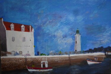 Painting titled "port de Sauzon" by Alain Leriche, Original Artwork, Acrylic Mounted on Wood Stretcher frame