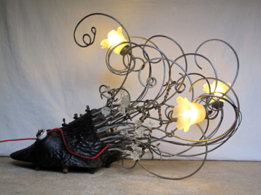 Sculpture titled "Lampe "Hokusai"" by Alain Platet, Original Artwork, Metals