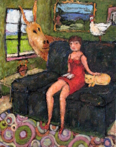 Pittura intitolato "L'âne, la poule, le…" da Alain Ponçon, Opera d'arte originale, Olio Montato su Telaio per barella in leg…