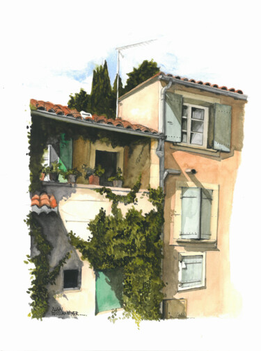 Картина под названием "GRIGNAN - le balcon…" - Alain Rouschmeyer, Подлинное произведение искусства, Акварель