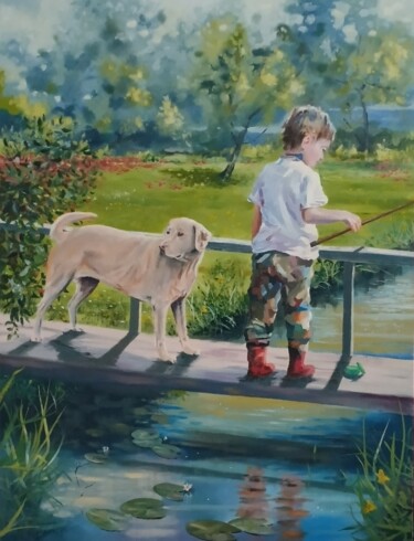 Painting titled "Petit pêcheur" by Alain Sarazin, Original Artwork, Oil