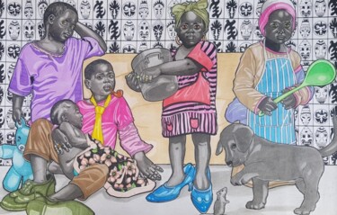 Dessin intitulée "Young parents" par Alain Wankwini, Œuvre d'art originale, Aquarelle