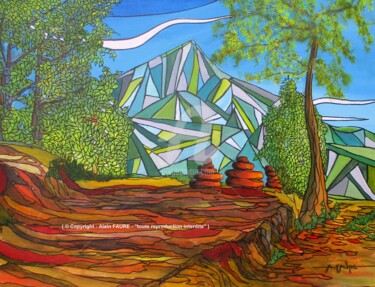 Painting titled "LES CAIRNS DE LA SA…" by Alain Faure, Original Artwork, Acrylic Mounted on Wood Stretcher frame