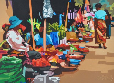 Peinture intitulée "Marché africain" par Alain Grisel, Œuvre d'art originale, Huile